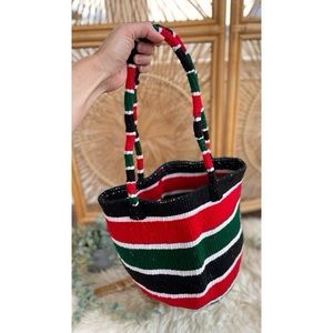 Woven Wool & Sisal Natural Fiber Market Bucket Bag Purse Tote Red Black Green
